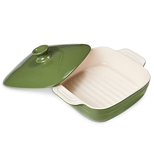 DOWAN Ceramic Baking Dish With Lid Rectangular Bakeware With Handle Casseroles dish with lids2 Qt Deep Lasagna Pan Oven Safe for Cooking Dinner Banquet Cake and Pasta 9 x 9 Inches Green