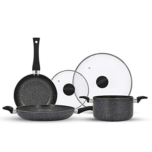 5 Piece NonStick Granite Infused Coated Aluminum Induction Gas  Electric Stovetop Cookware Pan Set with Lids  Stay Cool Handles