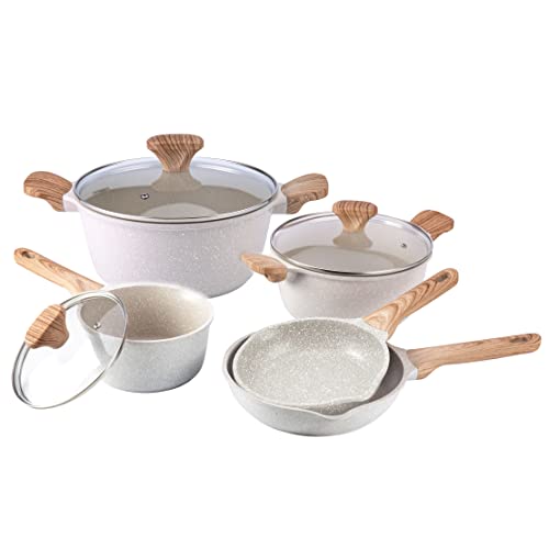 Country Kitchen Nonstick Cookware Sets  8 Piece High Quality Nonstick Cast Aluminum Pots and Pans with BAKELITE Handles  NonToxic Pots and Pans Speckled Cream with Light Wood Handles