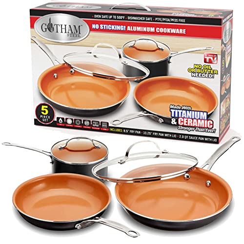 GOTHAM STEEL 5 Piece Kitchen Essentials Cookware Set with Ultra Nonstick Copper Surface Dishwasher Safe Cool Touch Handles Includes Fry Pans Stock Pot and Glass Lids Original