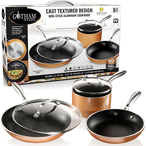 Gotham Steel Copper Cast 5 Piece Cookware Pots and Pan Set with Triple Coated Nonstick Copper Surface  Aluminum Composition for Even Heating 100 NonToxic Oven Stovetop  Dishwasher Safe