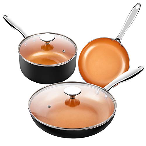 MICHELANGELO Copper Cookware Set 5 Piece Ultra Nonstick Pots and Pans Copper with Ceramic Interior Copper Nonstick Cookware Set Ceramic Pot and Pans Set Copper Pots and Pans Copper Pots Set 5Pcs