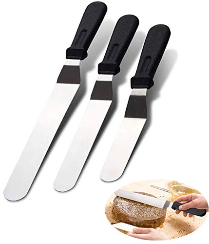 Millie Offset Cake Icing Spatula Set Professional Stainless Steel Cake Decorating SpatulasAngled Cake Frosting Spatula with 6 8 10 Blade (3Pcs Black)
