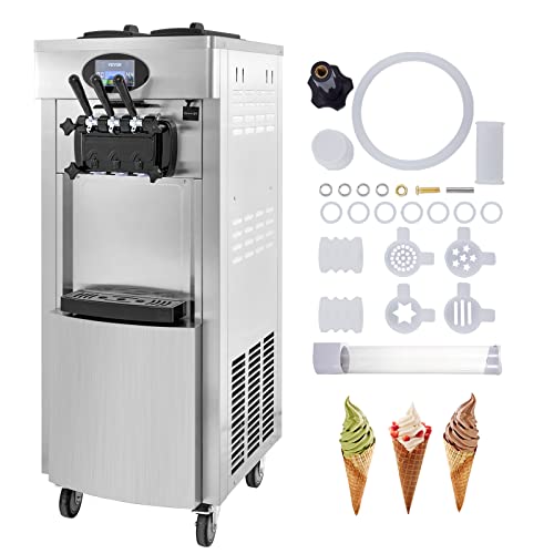 VEVOR 2200W Commercial Soft Ice Cream Machine 3 Flavors 53 to 74Gallon per Hour PreCooling at Night Auto Clean LCD Panel for Restaurants Snack Bar Sliver