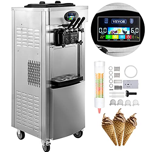 VEVOR 2200W Commercial Soft Ice Cream Machine 3 Flavors 53 to 74Gallon per Hour PreCooling at Night Auto Clean LCD Panel for Restaurants Snack Bar Sliver