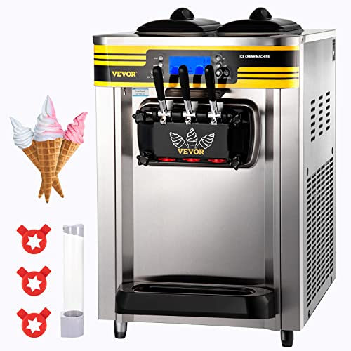 VEVOR Commercial Ice Cream Maker 588GalH Yield 2350W Countertop Soft Serve Machine w 2x6L Hopper 2L Cylinder Pre Cooling and Keep Fresh Frozen Yogurt Maker for Restaurant Snack Bar Silver