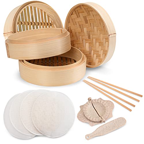 Annies Kitchen Premium 10 Inch Handmade Bamboo Steamer Baskets Lid Dumpling Maker with Spoon4 Reusable Cotton Liners 2 sets Chopsticks For Rice Vegetables Fish Meat  Desserts (10 Inch 3 Tiers)