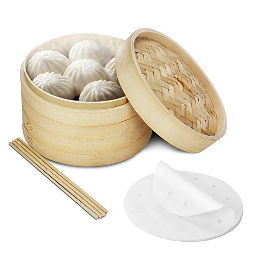 Flexzion Bamboo Steamer Basket Set (10 inch) with 50x Steamer Liners and 2 Pairs of Chopsticks Chinese Steamer for Cooking Food