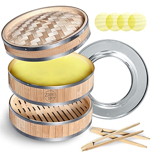 Limited Edition Bamboo Steamer  2Tier Dumpling Steamer Set  Stainless Steel Ring Adapter Reusable Silicone Mats 2 Bamboo Tongs  Steaming Accessories for Bao Dim Sum Veggie Fish  10inch