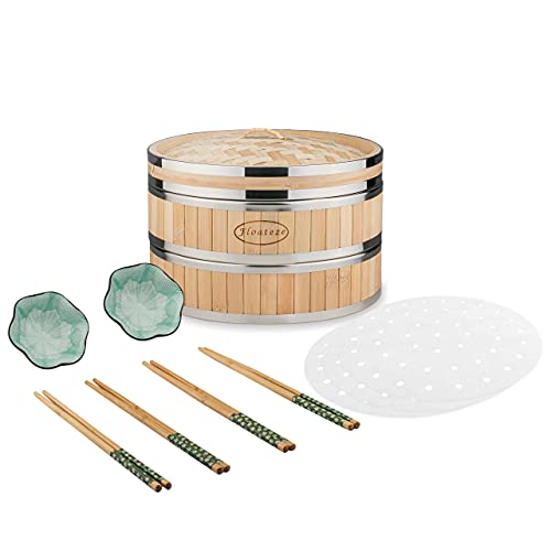 Natural Bamboo Steamer Steel Rim  Bamboo Steamer 12 Inch Premium Set Includes 2 Tier Baskets  Lid with Metal Rims 2 Sauce Dishes 4 Pairs Chopsticks  50 Steamer Liners for Healthy Steam Cooking