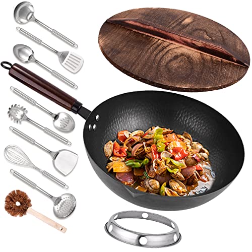 128Carbon Steel Wok  11Pcs Woks and Stir Fry Pans with Wooden Handle and Lid10 Cookware AccessoriesFor ElectricInduction and Gas Stoves