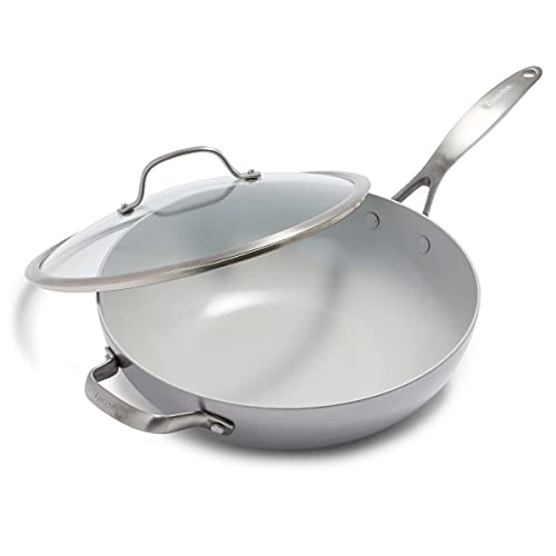 GreenPan Venice Pro TriPly Stainless Steel Healthy Ceramic Nonstick 12 Wok Pan with Helper Handle and Lid PFASFree Multi Clad Induction Dishwasher Safe Oven Safe Silver