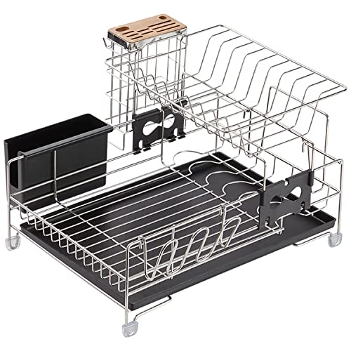 Dish Drying Rack Stainless Steel 2Tier Dish Rack with Cup Holder Utensil Holder Cutting Board Holder Knife Holder Drain Board for Kitchen Counter