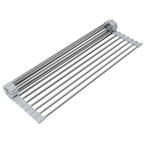 Elyum Dish Drying Rack Over The Sink Dish Drying Rack Stainless Steel Roll Up Dish Drying Rack Foldable Dish Rack for Kitchen Counter Dishes Cups Bottles Fruits Forks (175 x 102 Gray)