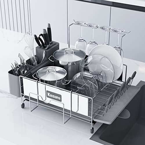 Kitsure Dish Drying Rack Large Kitchen Dish Rack and Drainboard Set with Easy Installation Durable Stainless Steel Dish Rack for Counter with Drainage and AntiSlip Silicone Caps
