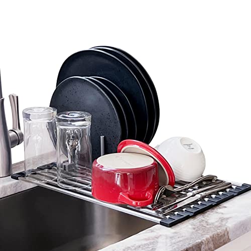 Over The Sink Dish Drying Rack 2pc Set with Foldable Roll Up Dish Drying Rack  Compact Plate Holder Space Saving Collapsible RV Dish Drainer Sink Dish Drying Rack for Small Kitchen Counter