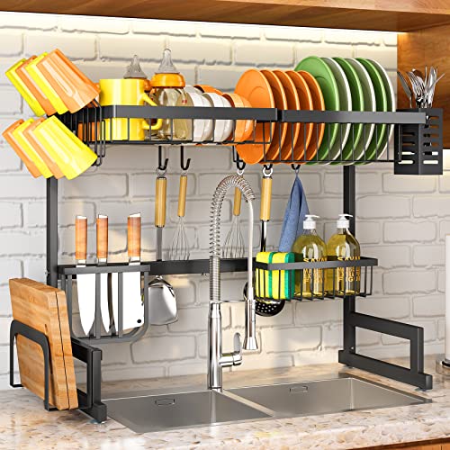 Over The Sink Dish Drying Rack SNTD Width Adjustable (268 to 346) 2 Tier Dish Rack Drainer for Kitchen Counter Organization and Storage Utensil Sponge Holder Sink Caddy Dryer Rack Black