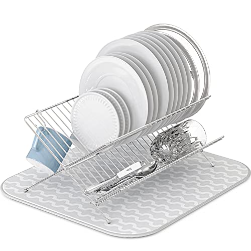 Simple Houseware Collapsible Dish Drying Rack w Dish Mat Chrome