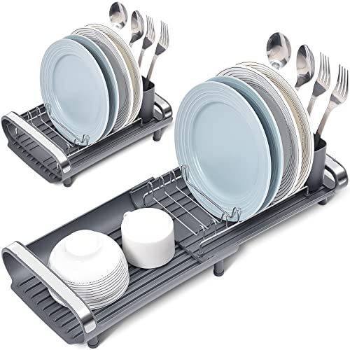 Toolf Expandable Dish Rack Compact Dish Drainer Stainless Steel Dish Drying Rack with Removable Cutlery Holder Anti Rust Plate Rack Small Sink Drainer for Sink or Kitchen Countertop