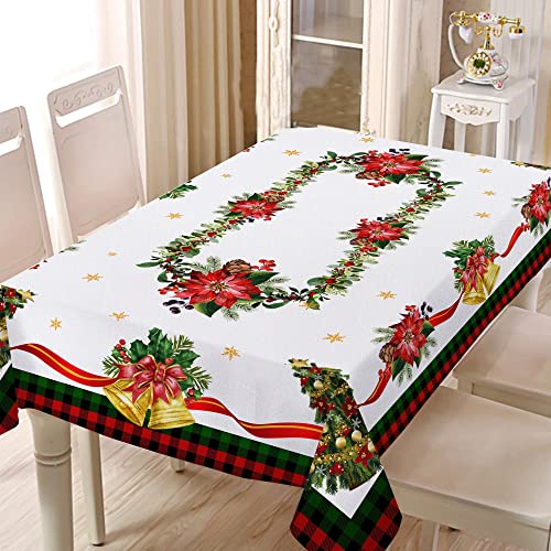 Christmas Tablecloth Winter Table Cloth for Rectangle Table 52 x 70 White Snowflake Xmas Tree Holiday Farmhouse Rustic Parties Outdoor Decor Red Buffalo Plaid Check Green Holly Christmas Table Cover