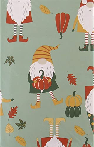 Erlene Home Fashions Gnomes Among Autumn Leaves and Pumpkins Vinyl Flannel Back Tablecloth (52 x 70 Oblong)