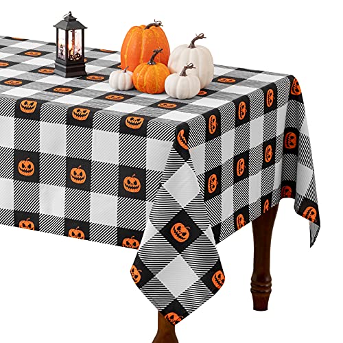 Halloween Tablecloth Rectangle Buffalo Plaid Pumpkin Table Cloth Waterproof Polyester Fabric Table Cover for Halloween Party Decoration Black and White 52 x 70 inch