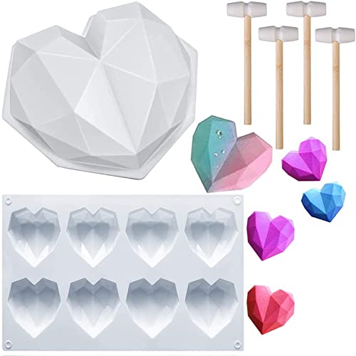 Diamond Heart Mousse Cake Mold Trays2 Packs 3D Diamond Heart Shaped Silicone Mold Four Gavel for Mousse Cake Baking Chocolate Candy Pastry Ice Cream Making Nonstick and Easy to Clean