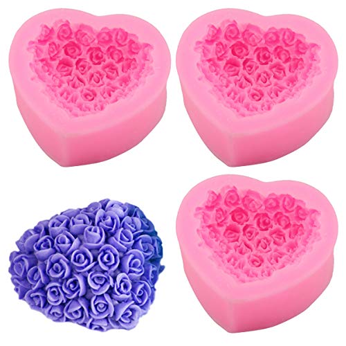 KuuGuu 3 PACK Silicone 3D Rose Flower Heart Molds DIY Fondant Sugar Pudding Soap Candle Mould for Wedding Valentine Cake Chocolate Dessert Cookie Mousse Cheesecake Decorating