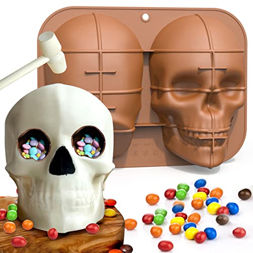 Palksky Jumbo 3D Skull Breakable Chocolate Mold Silicone for Halloween Decoration Large Size Skull Cake Mold with 1 Hammer for Party