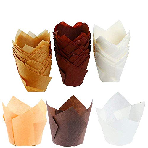 150 Pieces Tulip Baking Paper Cups Cupcake Muffin Liners Wrappers Baking Cups Muffin Tins Treat Cups for Weddings Birthdays Baby Showers 25inch (Brown Natural and White)
