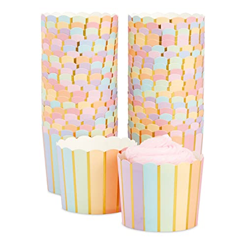 50 Pack Pastel Rainbow Cupcake Liners Wrappers with Gold Foil Muffin Paper Baking Cup