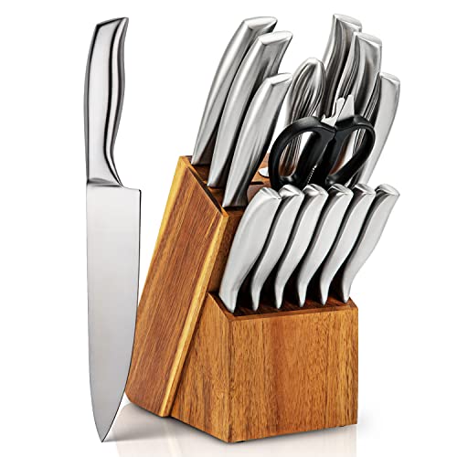 15 Pieces Knife Set Professional Kitchen Chefs Knives Block Set with Ultra Sharp High Carbon Stainless Steel Blades and Sharpener Rustproof Dishwashersafe Sliver