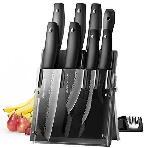 Bfonder 11pcs Kitchen Knife Set Knife Block Set with Sharpener Black Japanese Knife Set with Block Stainless Steel Knives with Stylish Modern Acrylic Stand