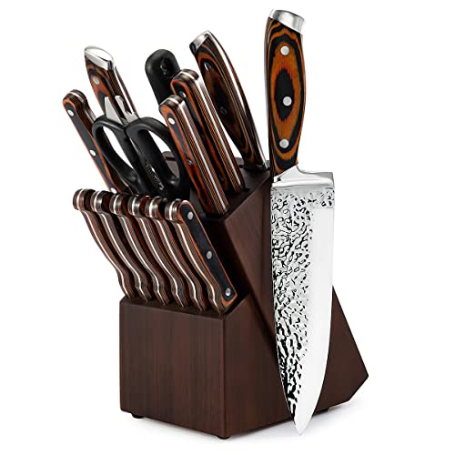 Knife Set 15 Pieces Kitchen Knife Set with Wooden Block Germany High Carbon Stainless Steel Knife Block Set with Sharpener Knives Set for Kitchen with 6 Steak Knives Ultra Sharp Chef Knife Set