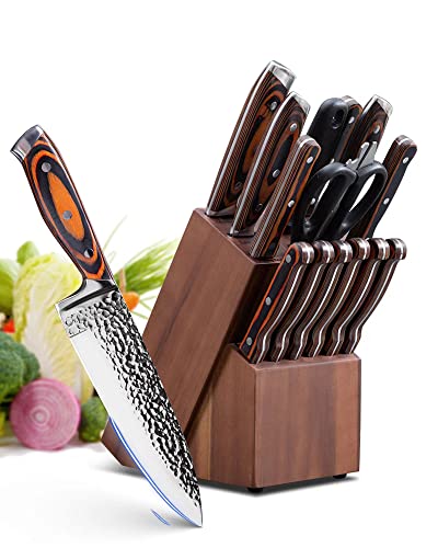 Knife Set 15 Pieces Knife Sets for Kitchen with Block High Carbon Stainless Steel Sharp Kitchen Knife Set with Sharpener Knife Set Dishwasher Safe with Triple Rivet Wooden Handle