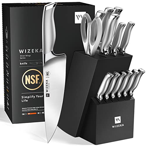 WIZEKA Knife Set15pcs NSF Certified 14116 German Steel Kitchen Knife Set Premium Knife Block Set in One Piece Design Knives Set for Kitchen with Buildin Sharpener Silver Wings Series