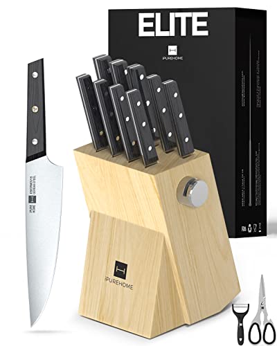 iPUREHOME Kitchen Knife Set  Elite Series  13 PCS X50CrMoV15 High Carbon German Steel Knife Block Set with Sharpener Wood Handle Knife Sets for Kitchen with Block Serrated Steak Knives