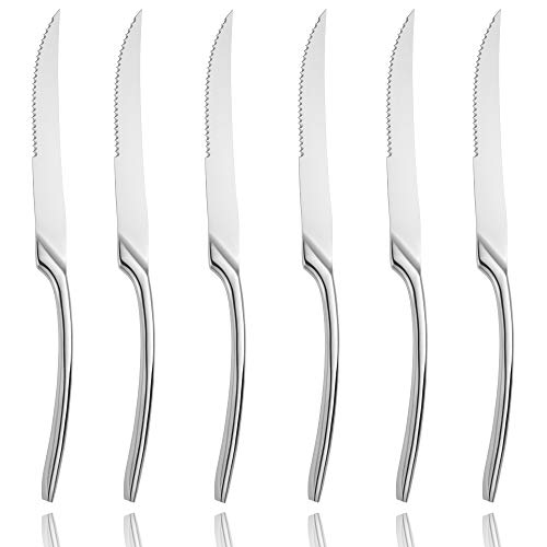 Lemeya 6 Pieces Steak Knives Set of 6Stainless Steel Standing Steak KnifeUltraSharp Serrated Steak Knives10 InchMirror PolishedDishwasher Safe(6 Silver)