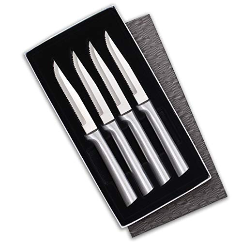 Rada Cutlery Serrated Steak Knife Set Stainless Steel Knives with Brushed Aluminum Set of 4 7 34 Silver Handle
