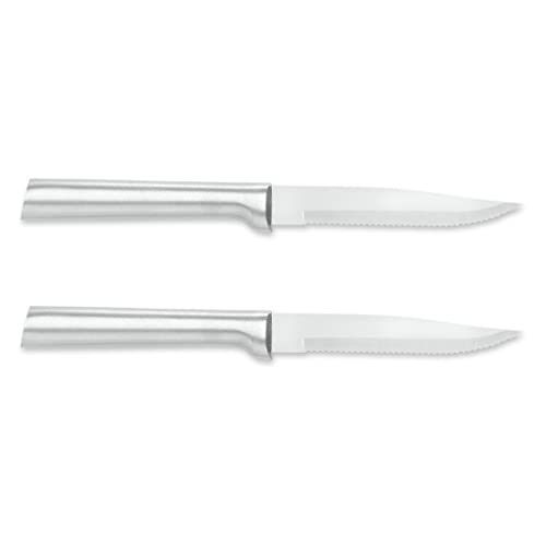 Rada Cutlery Serrated Steak Knife Stainless Steel Blade With Aluminum Made in USA 734 Inches Silver Handle Pack of 2