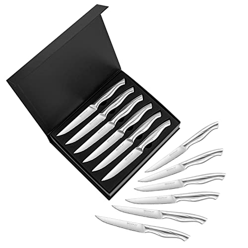 Steak Knives  Steak Knives Set of 12 BECOKAY  High Carbon German Steel Serrated Steak Knife  Kitchen Cutlery Set 43 Inch Steak Knife Set  Ergonomic Full Tang Hollow Handle (Silver)