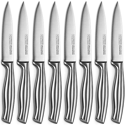 DPerlla Steak Knives Micro Serrated Steak Knife Set of 8 High Carbon Stainless Steel Steak Knives Set Elegant Sharp Kitchen Steak Knife Set Silver