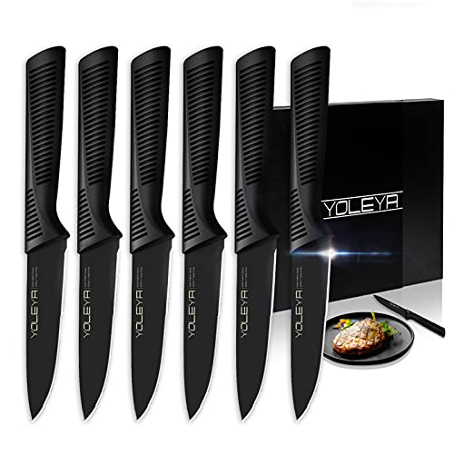 Steak Knives YOLEYA 45 Steak Knives Set of 6 High Carbon German Stainless Steel Black Serrated Steak Knife Set Anti Rusting Sharp Kitchen Dinner Knives