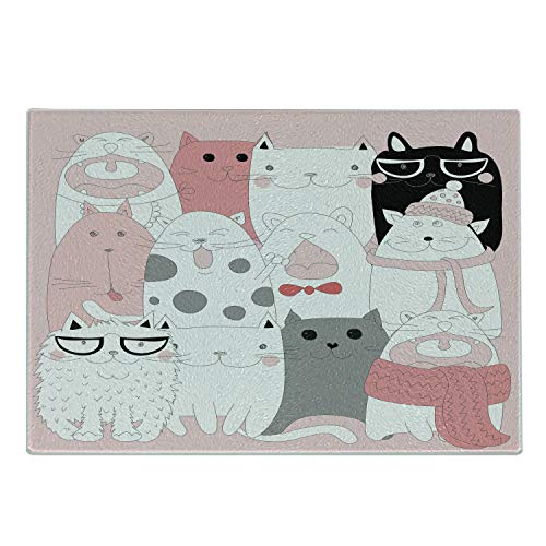 Ambesonne Cat Cutting Board Cartoon Kittens Funny Smiling Glasses Scarfs Doodle Humorous Design Decorative Tempered Glass Cutting and Serving Board Small Size Pink White