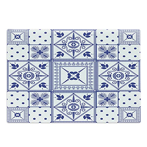Lunarable Navy Blue Cutting Board Moroccan Oriental Ceramic Patterns with Dots and Flowers Artprint Decorative Tempered Glass Cutting and Serving Board Large Size Navy Blue White
