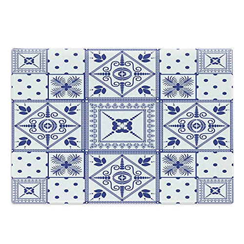 Lunarable Navy Blue Cutting Board Moroccan Oriental Ceramic Patterns with Dots and Flowers Artprint Decorative Tempered Glass Cutting and Serving Board Large Size Navy Blue White