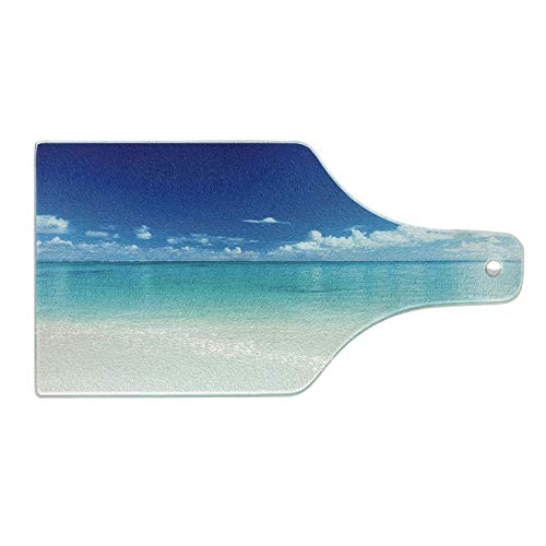 Lunarable Ocean Cutting Board Natural Coastal Sandy Beach and Carribean Seashore Heavenly Paradise View Image Decorative Tempered Glass Cutting and Serving Board Wine Bottle Shape White Blue