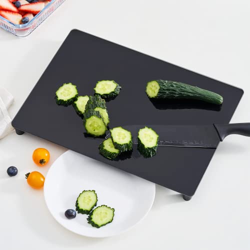 Tempered Black Glass Cutting Board  White Dinner Plate for Kitchen Set of 2 Multipurpose Glass Worktop Saver and Glass Chopping Board for Easy Food Prep and Storage (14 x 10  Dia 75)