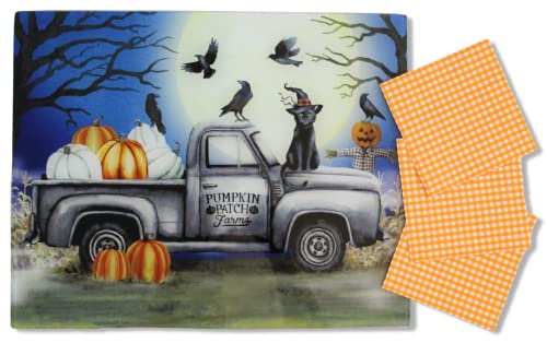 Decorative Halloween Glass Kitchen Cutting Board Spooky Country Truck with Jack O Lanterns