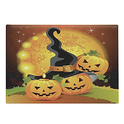 Lunarable Halloween Cutting Board Witches Hat Spooky Pumpkins Night Autumn Nature Full Moon Decorative Tempered Glass Cutting and Serving Board Large Size Orange Black